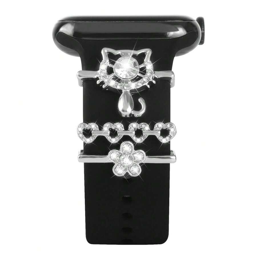 3pcs Luxury Rhinestone Watch Decoration Set Hollow Heart Cat Diamond Flower DIY Smart Watch Strap Buckle Accessories Compatible With 22MM Watch Band Fashion Versatile - Silver - View 1