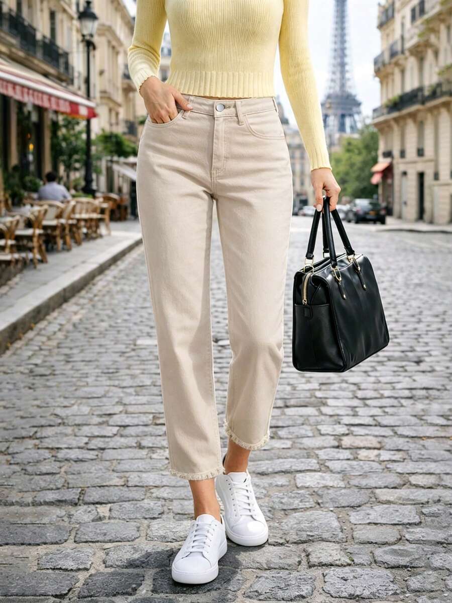 歐美女款時尚極簡修身直筒白色四季通勤百搭毛邊牛仔直筒褲休閒秋季 - 杏色 - 查看 1