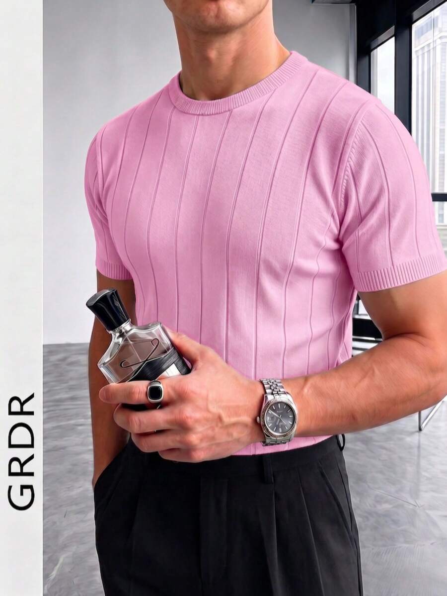 Suéter casual de punto acanalado de cuello redondo de manga corta de unicolor para hombres GRDR