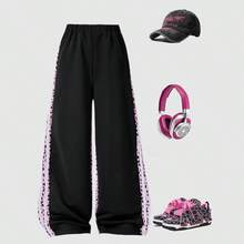 時尚休閒女款運動服，寬腿豹紋拼接條紋運動長褲設計，適合春、夏、秋季穿著 - 粉色 - 查看 2