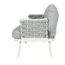 A White Set With A Floral Print And Gray, Including Two Steel Chairs. - Blanco Roto + Gris + Metal + Cuerda + Tejido Impermeable + Espuma1 - View 6
