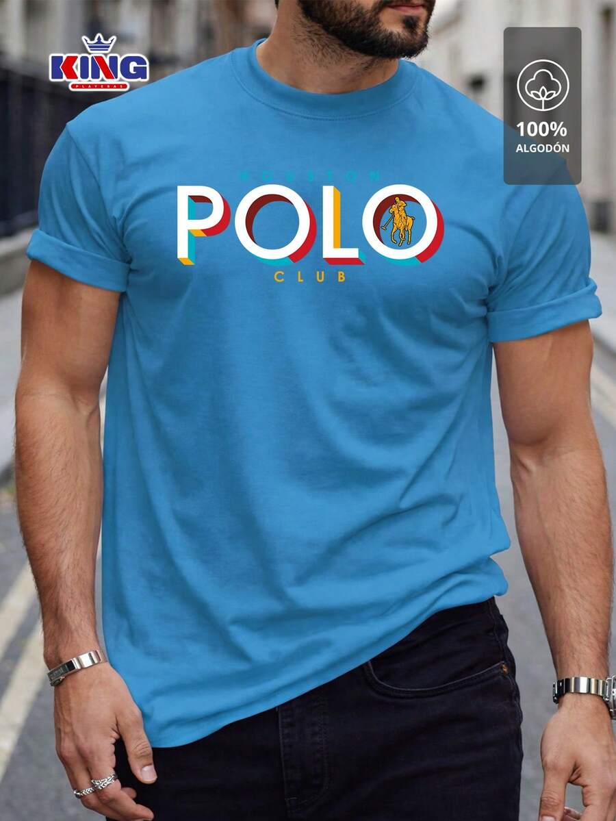 Original HPC POLO T-Shirt With Round Neck And Short Sleeves – Themed Graphic Design "HPC: Retro Typography Houston" – 100% Cotton - 霧霾藍 - 查看 1