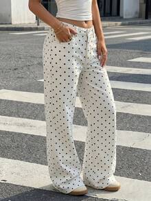 Women's Cute Polka Dot Straight Leg Jeans, Casual Long Pants, Button And Zipper Detail Design, Non-Stretch Fabric - White - View 3