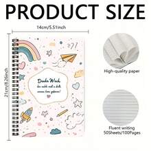 1pc Cute Hand-Drawn Spiral Coil Notebook, Cover With Rainbow, Paper Airplane And Other Childlike Patterns, With Heartwarming German Text. 100 Pages Practical Inner Pages, Suitable For Work Records, Study Notes, Diary Writing, Etc. Great Choice For Graduation Gifts, Birthday Gifts, Daily Planning, Memo Pads. - I - View 2