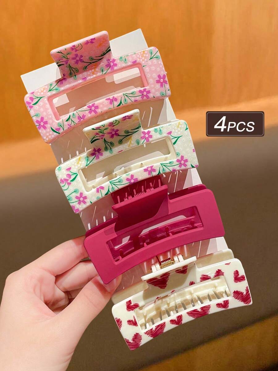 4件組女用髮夾，甜美可愛、時尚優雅，花朵與愛心圖案，高端優雅髮夾，抓力強且不易脫落，適合厚髮，完美適用於日常使用與禮品髮飾