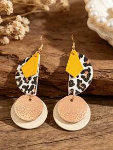1 Pair Vintage American Hot Girl Style Colorblock Leopard Print Earrings, Semi-Circle Rhombus Patchwork Beige Double Round Disc Elegant Long Earrings - Multicolor - View 7