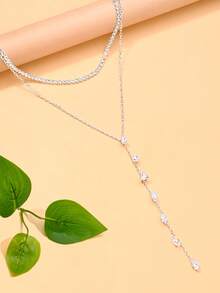outingfit 1pc New Double Layer Fashion Stacked Zirconia Necklace, Niche Light Luxury High-End Commuter Accessory For Women - Silver - View 3