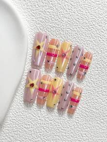 10件組可愛手工穿戴甲，Polygel美甲套組，星星、條紋與水鑽裝飾，粉色與黃色指甲油，休閒風格，附美甲工具，3種尺寸可選，杏仁、鴨嘴、棺材形，適合派對、跳舞、日常配戴 - 彩色 - 查看 15