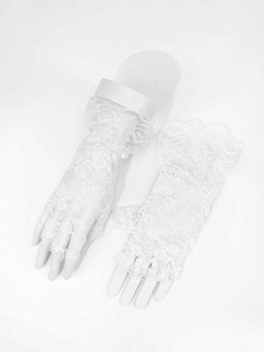 1雙蕾絲蝴蝶結網紗短手套，優雅薄款透氣婚禮攝影禮儀手套