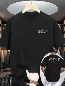 Camiseta casual de verano para hombre, talla, con cuello redondo acanalado y mangas cortas, hecha de tejido de punto, fresca y cómoda, con estampado a doble cara en la parte delantera - Negro - Ver 2