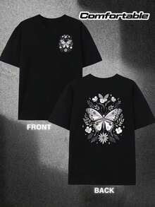 Camiseta de hombre% estampada por ambos lados |   La parte delantera presenta un pequeño diseño floral de mariposas, mientras que la parte trasera muestra un delicado patrón botánico a g - Negro - Ver 2