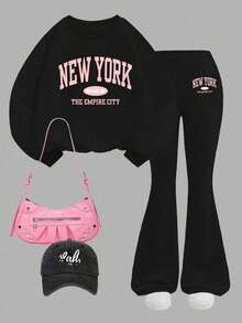 Teen Girl Letter Print Crew Neck Sweatshirt And Flare Pants - Black - View 2