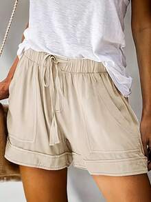 Women's Casual Shorts With Adjustable Drawstring, Elastic Waistband, Solid Color, Lightweight, For Summer Beach, With Pockets - 乳白色 - 查看 4