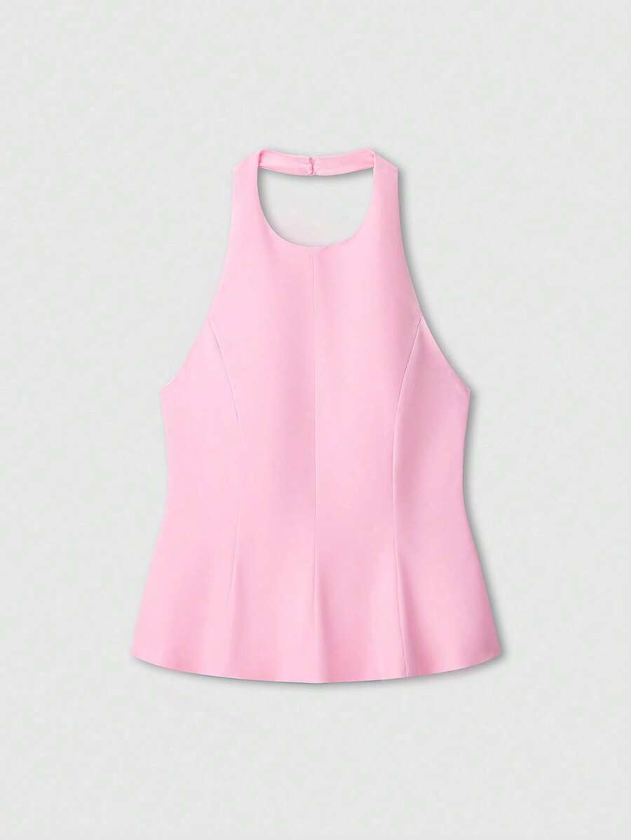 Short Halter Top With Open Back, Butter Yellow Color, For Summer - Rose - View 1