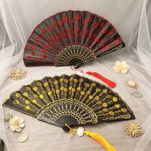 Sequined Embroidered Folding Hand Fan With Tassel, Spanish Style Dance Fan For Party Wedding Cosplay Decor - Black-shafted Sequined Folding Fan - View 5