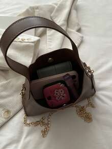 Solid Color Versatile Practical Letter Decor Gold Chain Women's Crossbody Bag, Suitable For Shopping, Wallet, Shopping, Young Women, College Students, Newcomers, White-Collar Workers. They Are Perfect For Office, University, Work, Business, Commuting, Outdoor Activities, Travel And Outings - Coffee - View 10