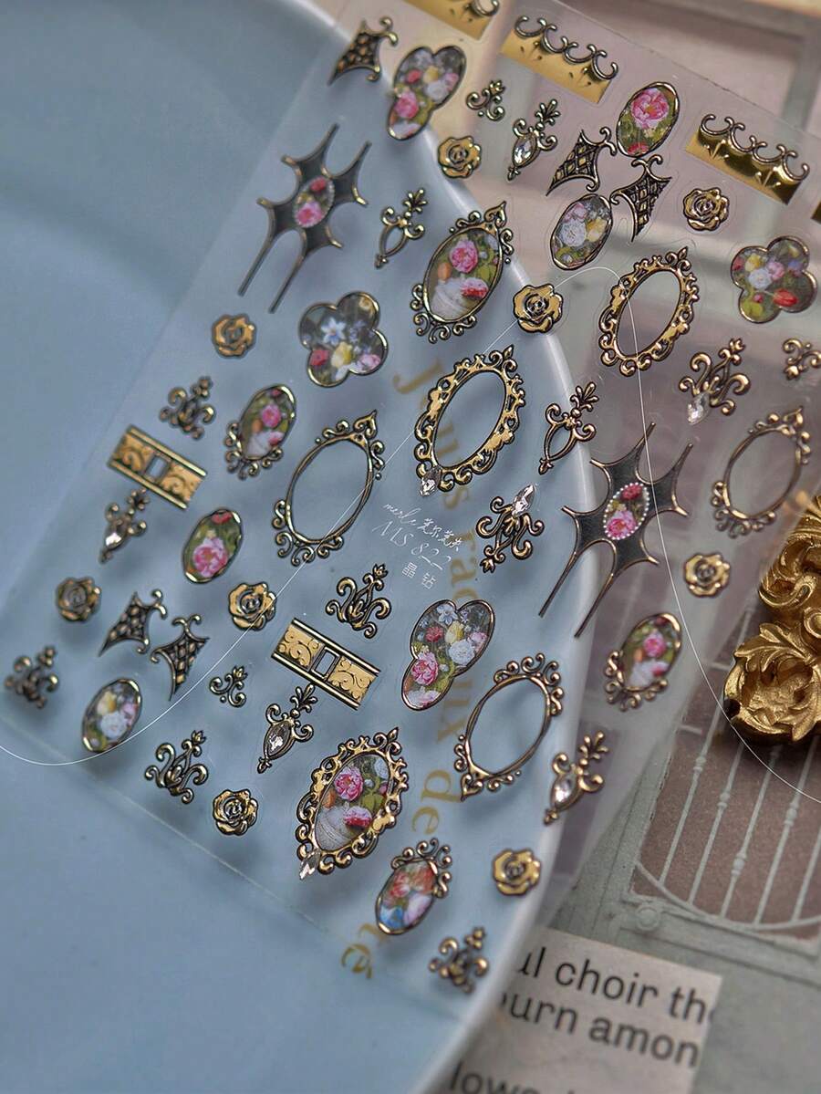 1片金屬質感花卉框架美甲貼紙,5D古典裝飾美甲飾品,美甲裝飾配件,手工美甲貼花,美甲甲片,美甲局部貼,適合女孩和女性的最佳美甲用品,Y2K美甲藝術,夏季美甲甲片 - 彩色 - 查看 1