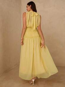 Vestido de gasa plisado sin mangas con cuello mao y espalda descubierta de unicolor - Rosa Pálido - Ver 9