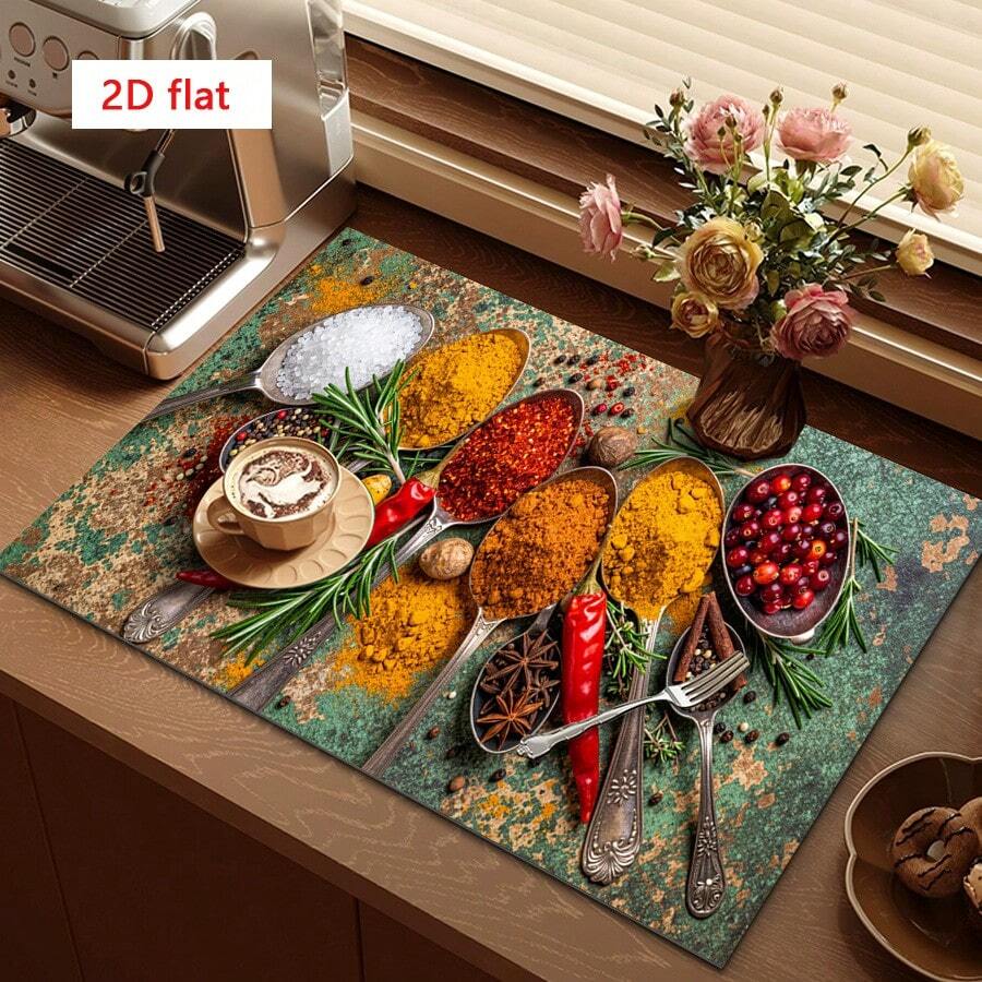 1pc Dish Drying Mat, Coffee Machine Mat, Multi-Spice & Ingredient Print Draining Mat, Durable, Highly Absorbent, Suitable For Dining Table, Cafe And Other Scenes, Multi-Purpose Drainage Mat, Home Gift, Tabletop Decor