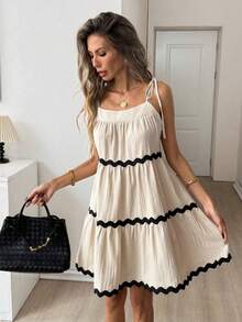 Vestido de verano casual, elegante y vintage con falda de línea A de volantes multicapa con dobladillo de volantes, tirantes con lazo en los h - Negro1 - Ver 4