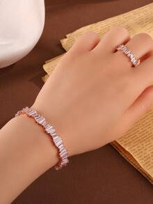 rakol 2pcs Fashion Cubic Zirconia Asymmetrical Square Decor Rose Gold Open Ring & Bracelet Set - Rose Gold - View 3