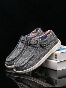Men's Designer Pure Black Canvas Patchwork Striped National Flag Pattern Low-Top Casual Shoes, Versatile Comfortable Convenient Slip-On Loafers Boat Shoes - Black - View 5