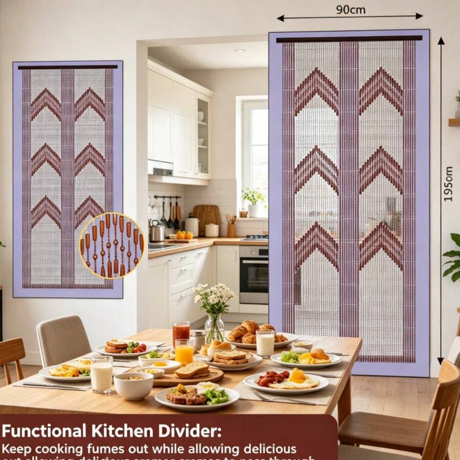 Bohemian 52-Strand Natural Wood Bead Door Curtain, 3D Triangle Pattern Hanging Curtain For Bathroom, Balcony, Space Divider - 52 Pieces - View 1