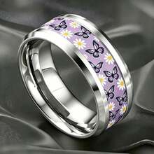 Stainless Steel Purple Butterfly Daisy Ring, Glossy Hypoallergenic Fade-Resistant, Pastoral Couple Ring - Silver Butterfly With Purple Background - View 1