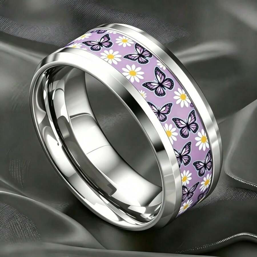 Stainless Steel Purple Butterfly Daisy Ring, Glossy Hypoallergenic Fade-Resistant, Pastoral Couple Ring - Silver Butterfly With Purple Background - View 1