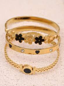3Pcs/1pc Stackable Gold Bracelet Set | Clover & Heart & LOVE Pattern | Boho Bangle For Party & Daily Outfit - Yellow Gold - View 6