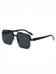 1 Pair Men's Square Double Bridge Aviator Sunglasses, Cool Metallic Texture, Stylish UV Protection, Fashionable Personalized, Suitable For Daily Use, Vacation And Travel - Black and Gray - View 2