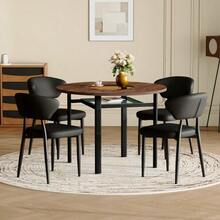 Modern Minimalist Round Table Set (2 White Polyurethane Armchairs With Curved Backrest), 100cm Diameter Round Table With Wood Look, Suitable For The Dining Room And Kitchen. - Black and Brown 1 - View 5