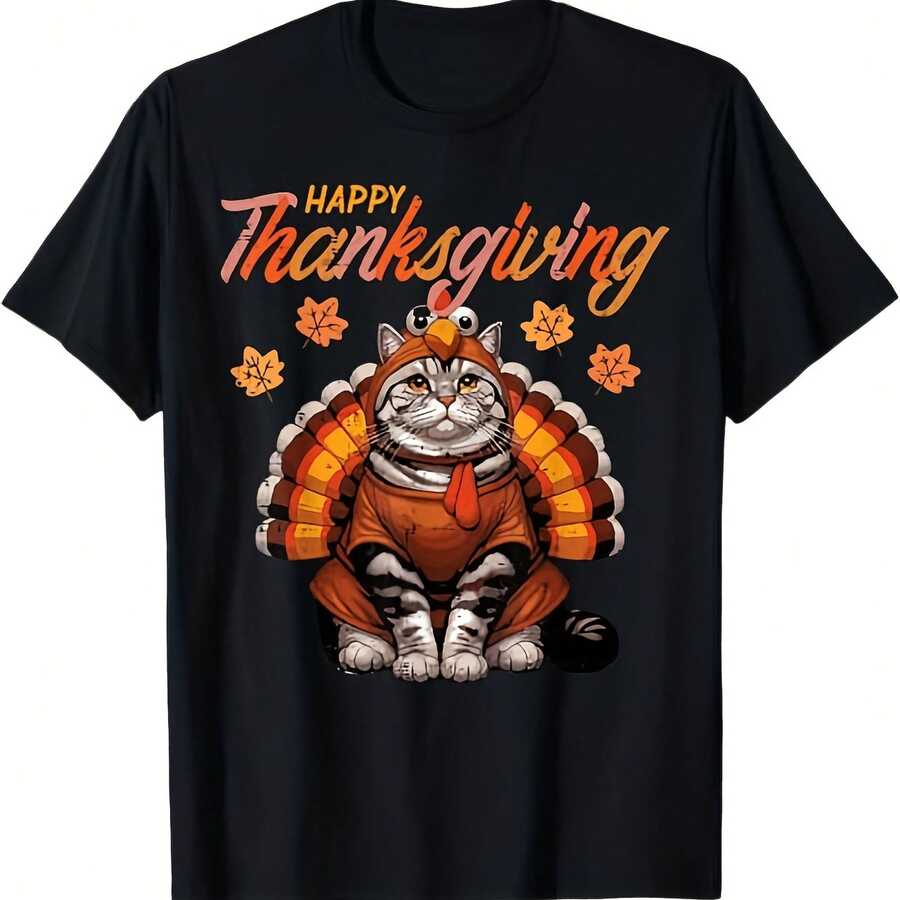 This Adorable Thanksgiving Kitten T-Shirt Features A Pilgrimage Hat And Is Made Of Lightweight. Perfect For Parties And Everyday Wear. - 黑色 - 查看 1
