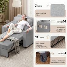 Single Sofa Bed, Convertible Linen Sleeper Sofa Chair With Storage Pockets, 3 Adjustable Backrest, 3-In-1 Pull Out Sofa Bed For Living Room, Bedroom, Light Grey - Light Grey - View 4