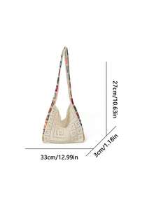 Women's Hollow Crochet Knit Crossbody Tote Bag, 3D Colorful Butterfly Applique Large Capacity Rainbow Floral Wide Strap Shoulder Handbag, Bohemian Pastoral Style - Beige - View 5