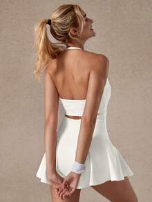 TimeOff Women's One Piece Solid Color Halter Neck Backless Pocket Lined Shorts Sports Romper - White - View 7