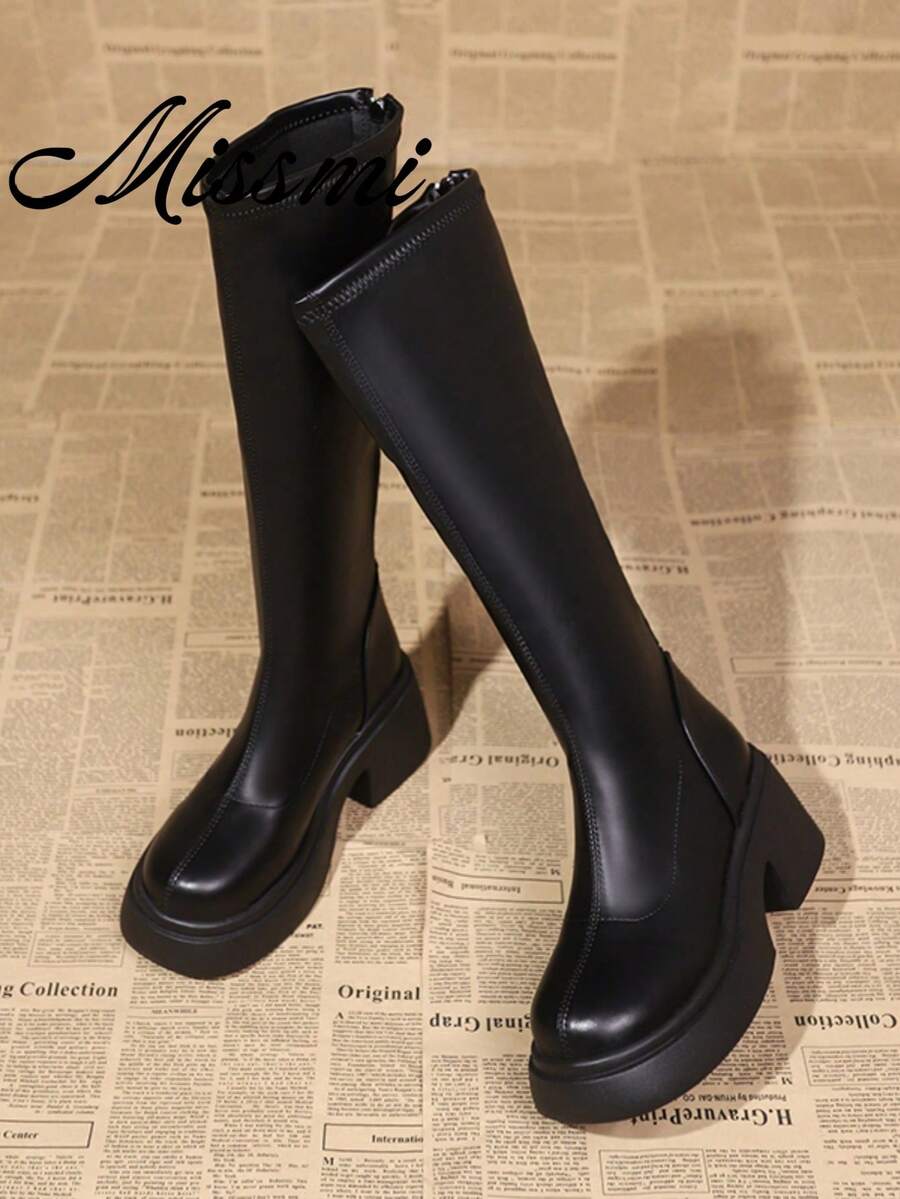 Sepatu Bot Tinggi Model Chunky dengan Sol Tebal dan Karet Elastis, Tidak Mudah Lepas, Musim Gugur/Musim Dingin, Sepatu Bot Wanita