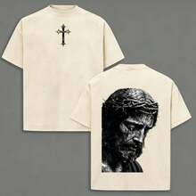 Camiseta Lavada con Estampado de Jesús Llorando, Camiseta de Jesús Llorando, Camiseta de Jesús, Camiseta con Cruz, Ropa Cristiana, Ropa Urbana, Ropa Masculina, Camiseta Oversize para Hombres - Albaricoque - Ver 1