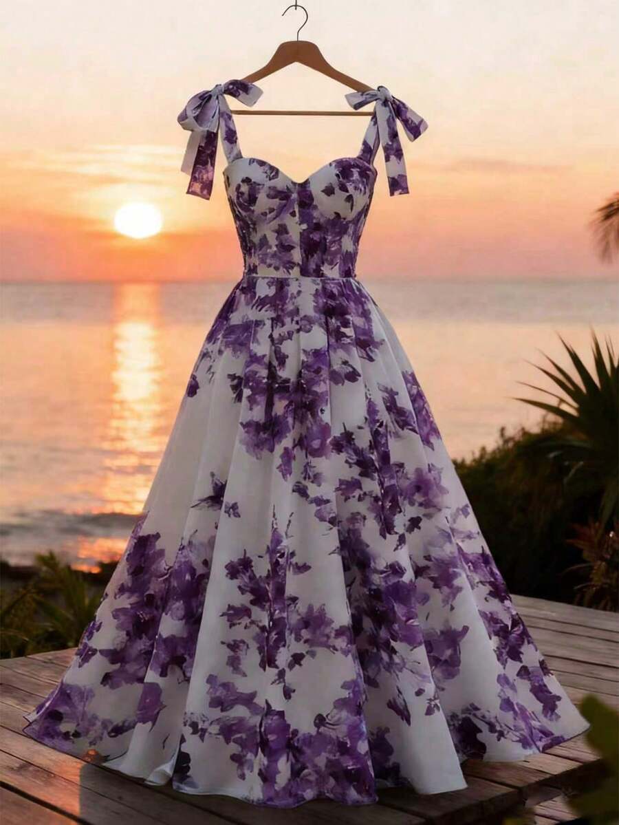 Qadelle Vestido elegante con estampado floral y hombros con lazo para vacaciones - Morado - Ver 1