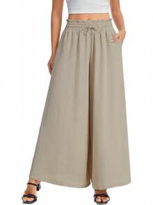 Women's Wide Leg Pants, Elastic Waist With Drawstring, Lightweight Loose Casual Trousers With Pockets - Aprikot - View 1