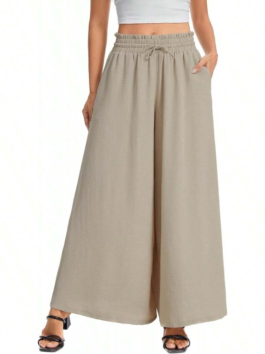Women's Wide Leg Pants, Elastic Waist With Drawstring, Lightweight Loose Casual Trousers With Pockets - Aprikot - View 1