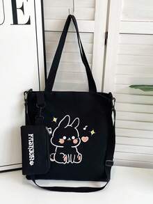 Tas Tote Kanvas untuk Siswa Sekolah Dasar dan Menengah, Tas Bimbingan Belajar Bergambar Kartun, Tas Bahu, Tas Selempang Kanvas, Ransel Serbaguna Kapasitas Besar - Hitam - View 9