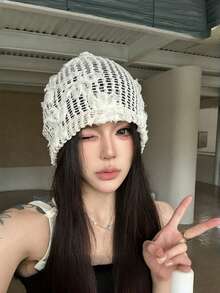 French Style 3D Floral Hollow Out Bucket Hat, Summer Breathable Thin Mesh Knit Slouchy Beanie, Face-Slimming Fisherman Cold Weather Hat - Flower Openwork Hat - View 5