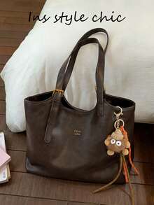 New Fashion Solid Color PU Leather Women's Shoulder Bag, Retro Handbag With Buckle And Zipper, Large Capacity Tote Bag, Suitable For Travel, Shopping, Dating, Suitable For Teenagers, Female College Students, Young Professional Women, Ideal For Office, School, Work, Business, Commuting, Outdoor, Travel And Other Occasions - Coffee - View 1