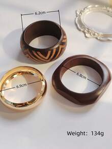 3件組木質與金屬可疊戴手環，深棕色V型紋理雕花手鐲，適合波希米亞風與通勤穿搭 - 深棕色 - 查看 5