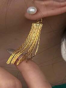 1對金屬鍊條珍珠耳環，歐美風格，個性化時尚，2種戴法長流蘇耳釘，適合女性與女孩，旅行、婚禮、派對配件，2026生日與聖誕禮物 - 金色 - 查看 3