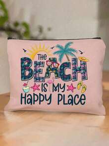 "Beach Is My Happy Place" Tropical Beach Theme Zipper Makeup Bag For Women, Portable Travel Toiletry Bag Organizer For Cosmetics And Toiletries, 6 Colors Available, Portable Organizer Bag, Beach Bag, Travel Bag, Travel Makeup Bag, Summer Vacation Accessory And Back To School Gift, Perfect For Birthday, Thanksgiving - Multicolor - View 8