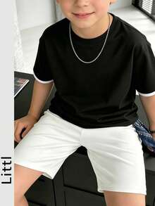 Boys Colorblock White Sleeve Pure Black Short Sleeve T-Shirt, Minimalist Round Neck Loose Fit Basic Kids T-Shirt - Black - View 6