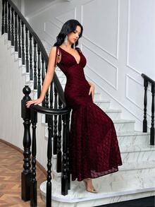 QOQ Women Sexy Sparkly V Neck Prom Cocktail Party Maxi Dress Mermaid Formal Bridesmaid Wedding Guest Cocktail Party Spring Summer Graduation Evening Fall - Burgundy - View 4