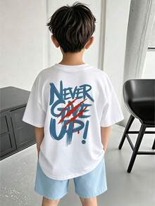 2pcs/Set Boys' Casual Slogan & Graphic Print Short Sleeve T-Shirt And Shorts Set - White - View 1